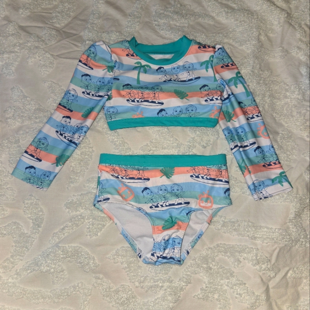 CoComelon 2 Piece Girl's Swim Set Long Sleeve Cut Out In Back Size 2T